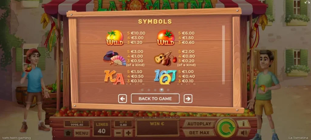 Tabla de pagos de La Tomatina con los Wild y símbolos